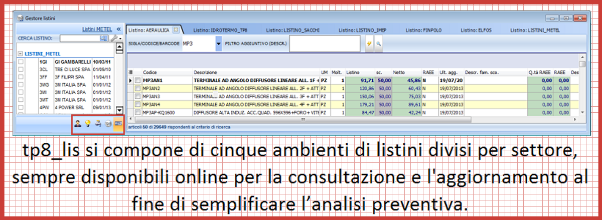 Il software tp8 per la gestione dei listini di impianti elettrici, termoidraulici e automazione